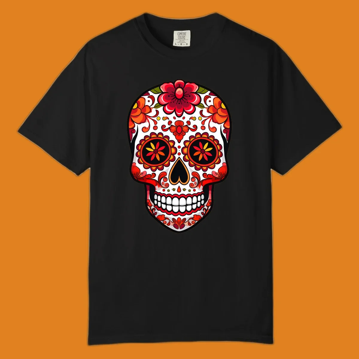 A vibrant floral sugar skull, or calavera, with red and orange flowers and intricate patterns against a white base.