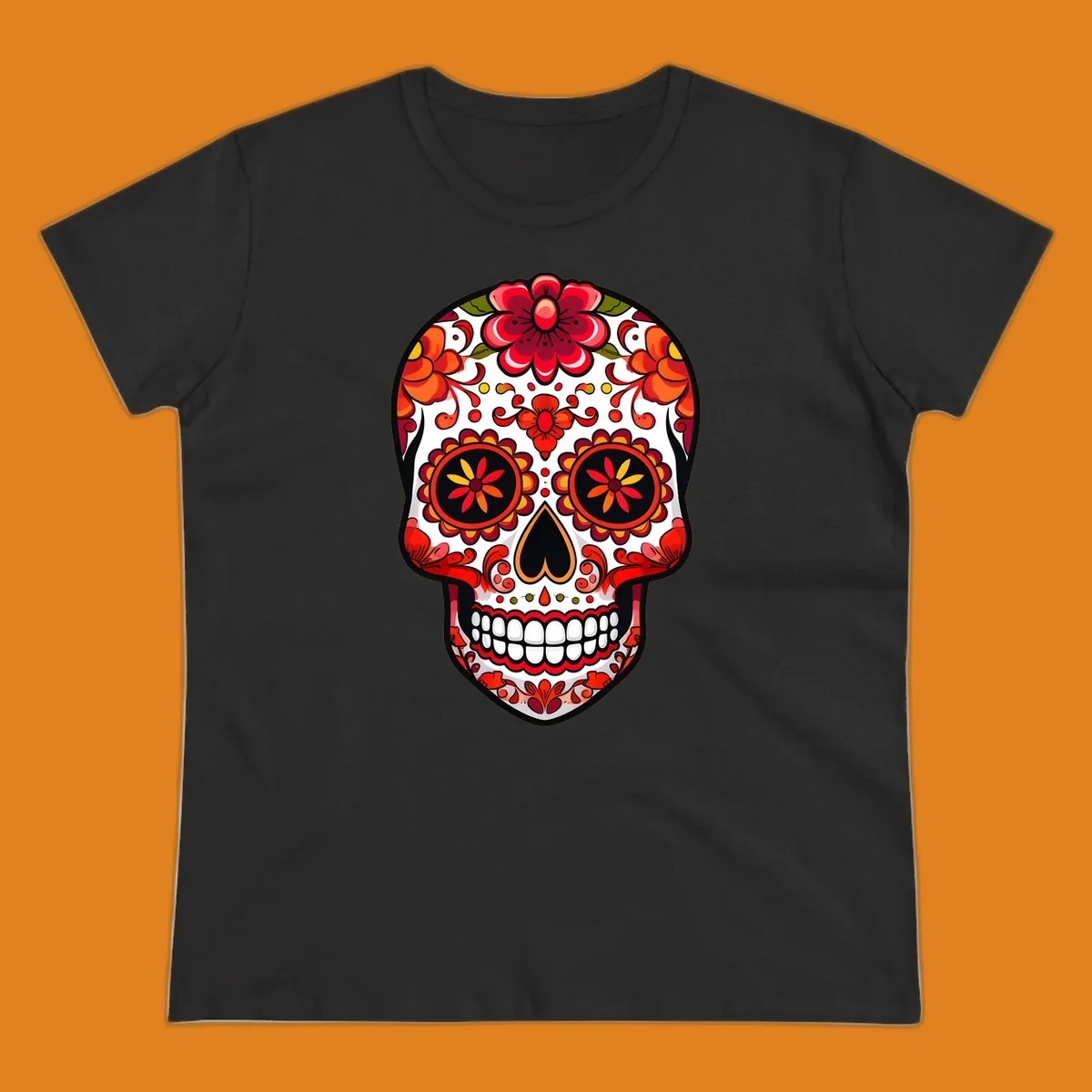 A vibrant floral sugar skull, or calavera, with red and orange flowers and intricate patterns against a white base.
