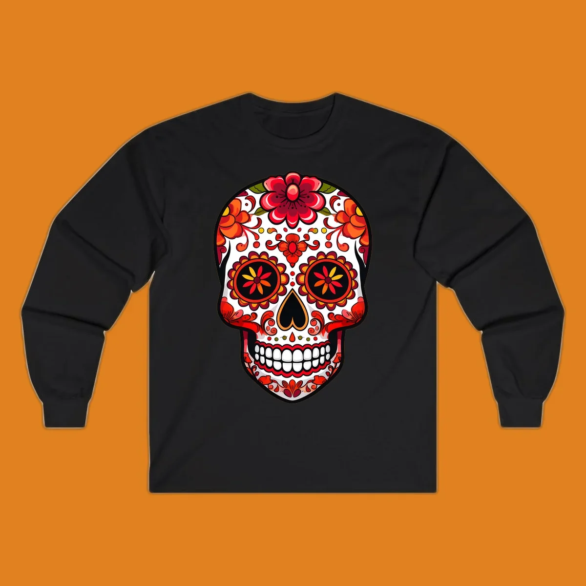 A vibrant floral sugar skull, or calavera, with red and orange flowers and intricate patterns against a white base.