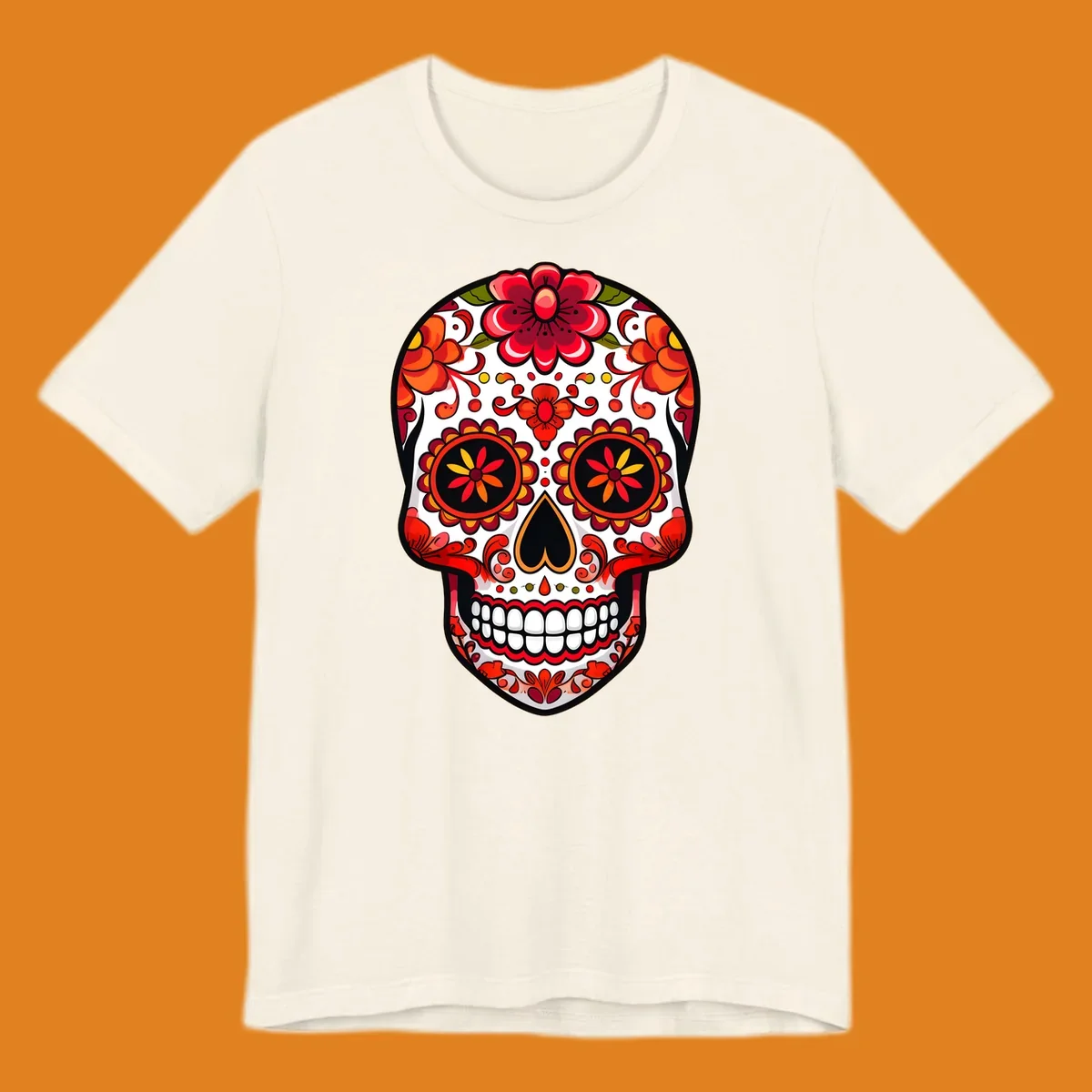 A vibrant floral sugar skull, or calavera, with red and orange flowers and intricate patterns against a white base.