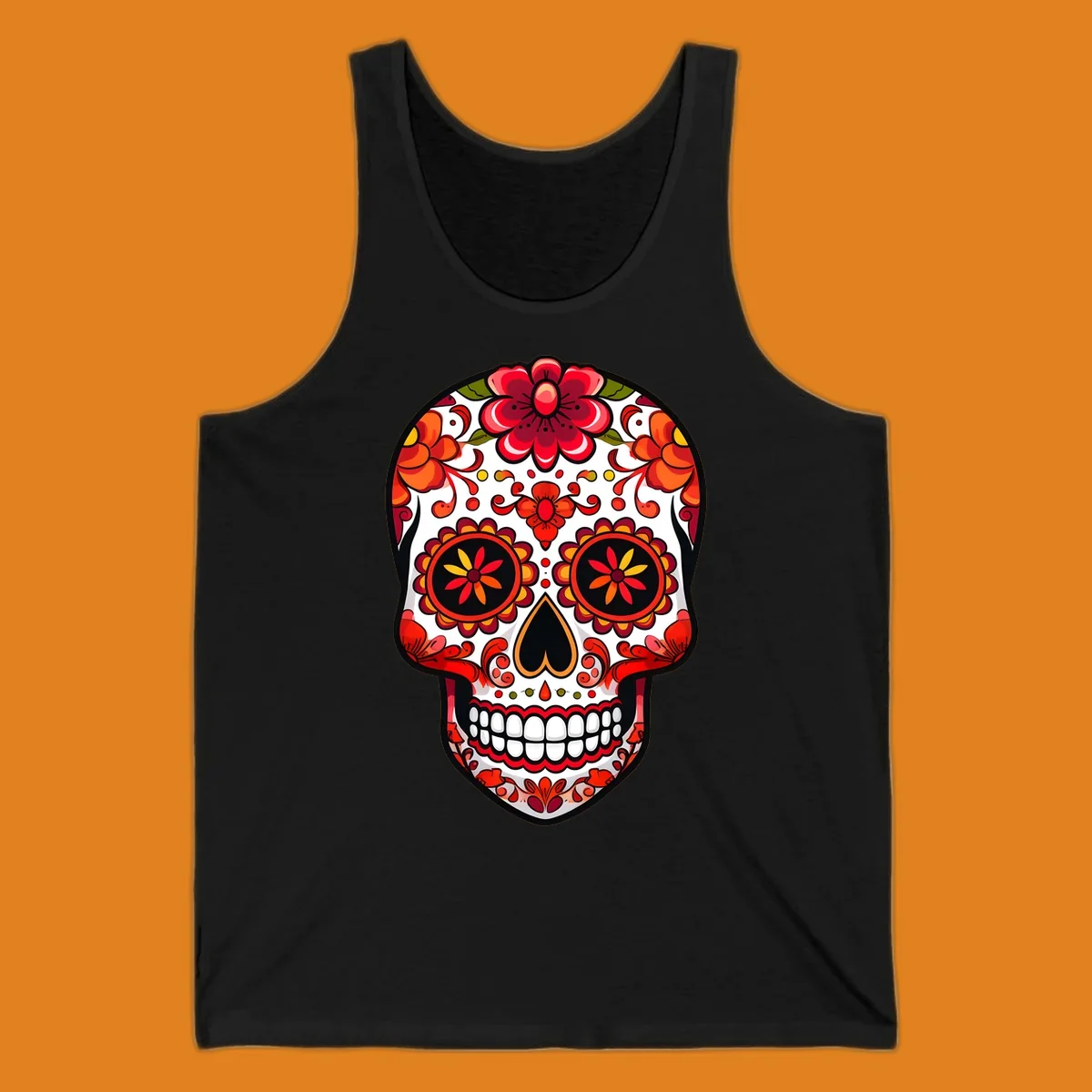 A vibrant floral sugar skull, or calavera, with red and orange flowers and intricate patterns against a white base.