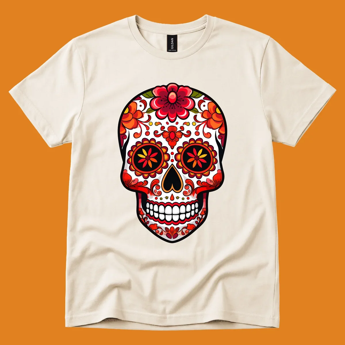 A vibrant floral sugar skull, or calavera, with red and orange flowers and intricate patterns against a white base.