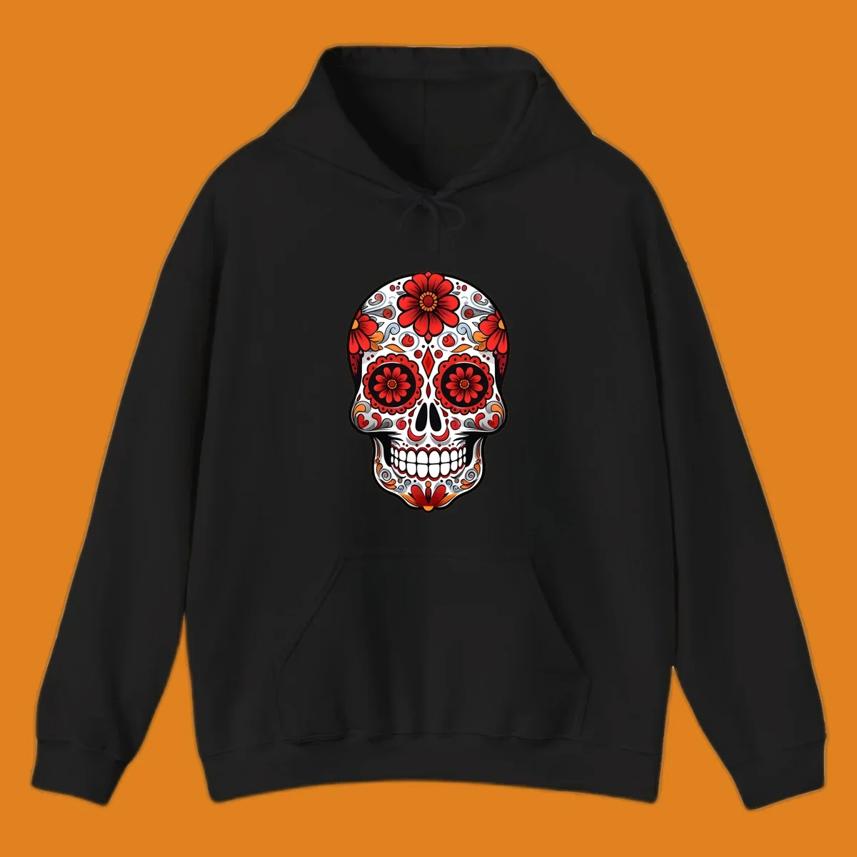 A vibrant floral sugar skull illustration, rich with red flowers, intricate swirls, and colorful accents on a white base.