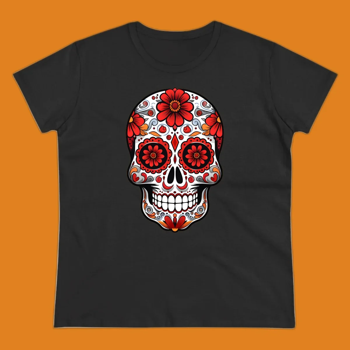 A vibrant floral sugar skull illustration, rich with red flowers, intricate swirls, and colorful accents on a white base.