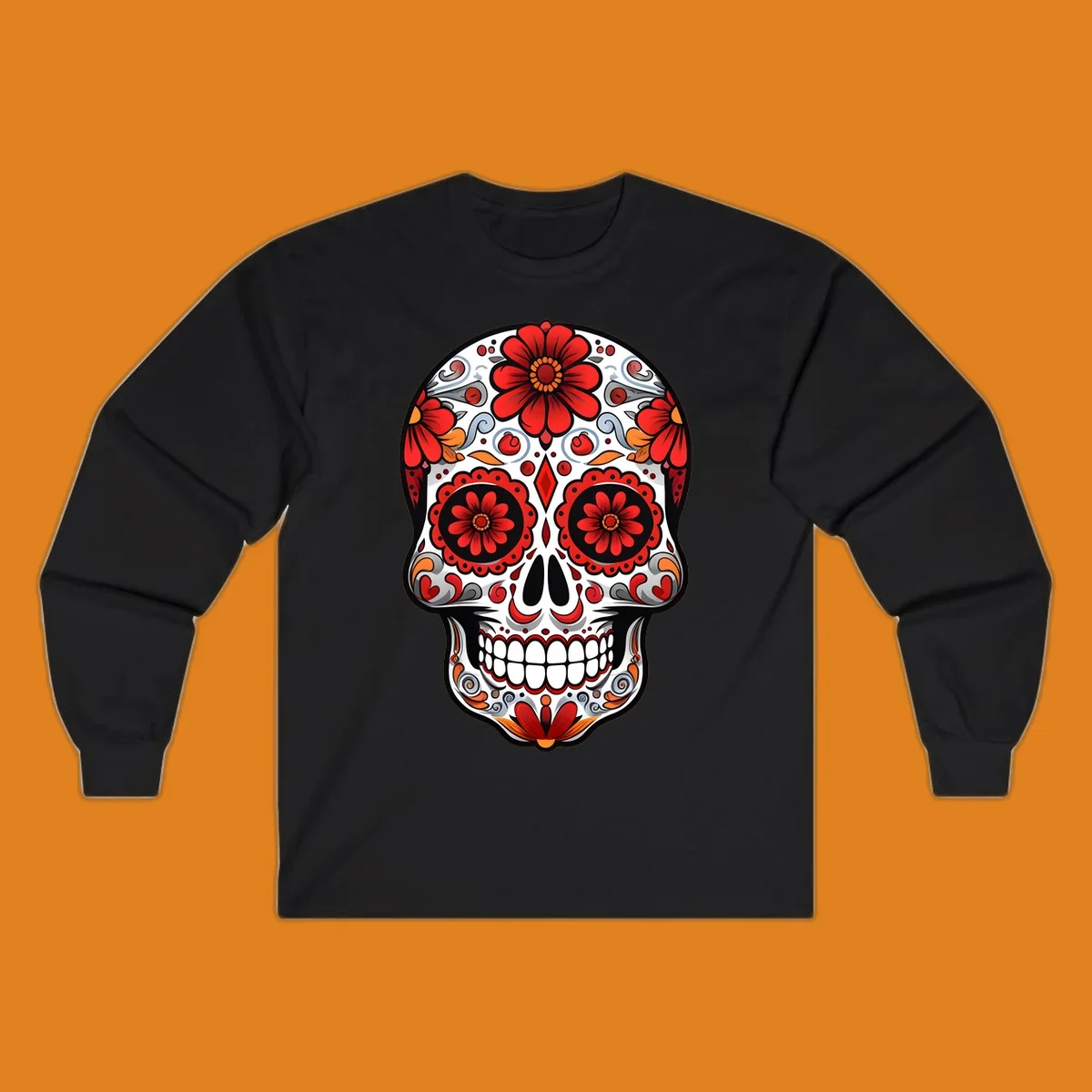 A vibrant floral sugar skull illustration, rich with red flowers, intricate swirls, and colorful accents on a white base.