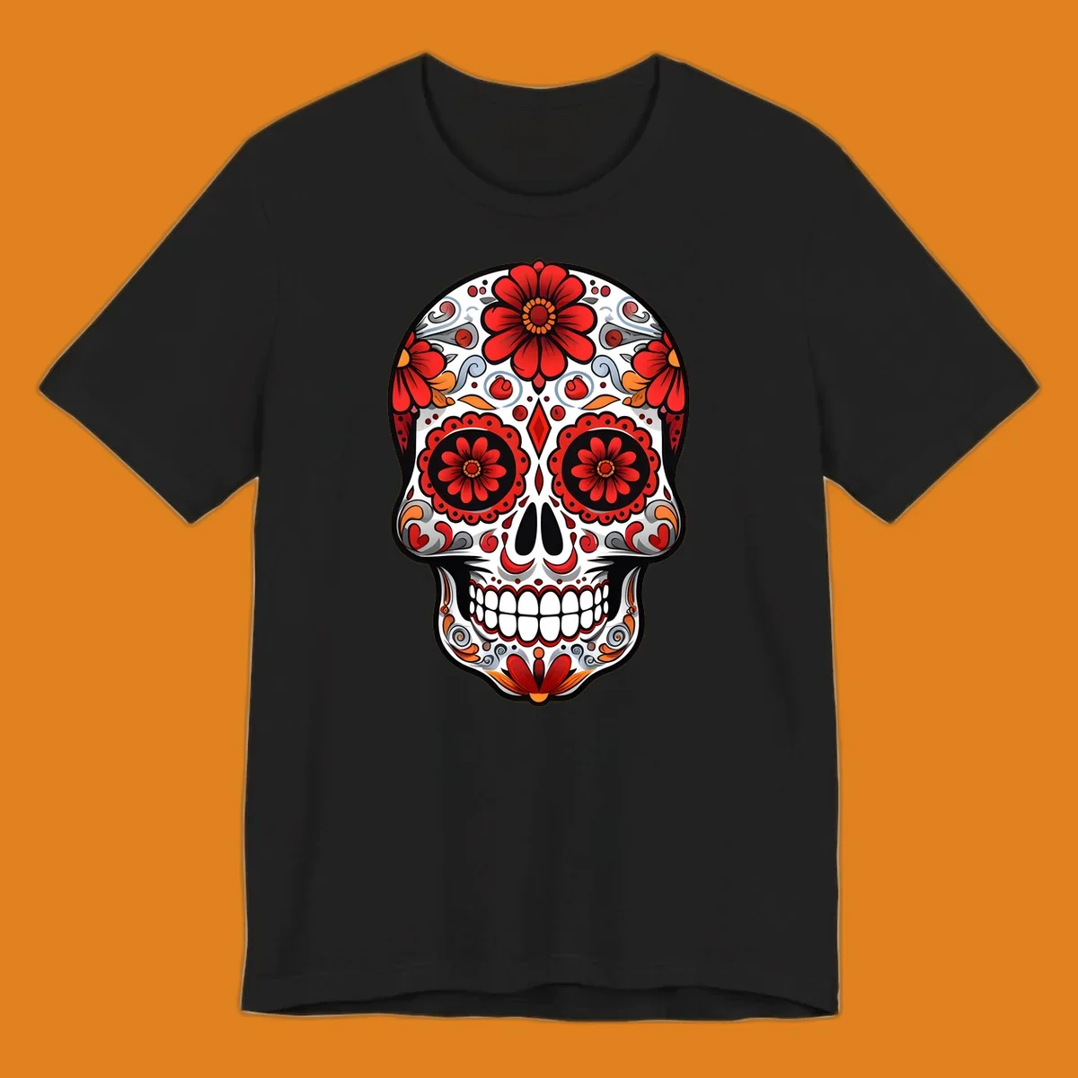 A vibrant floral sugar skull illustration, rich with red flowers, intricate swirls, and colorful accents on a white base.
