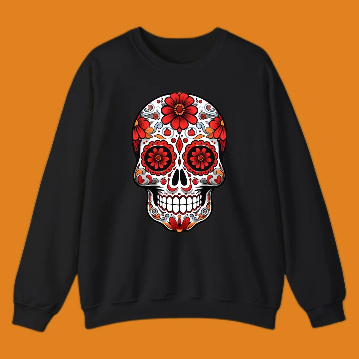 A vibrant floral sugar skull illustration, rich with red flowers, intricate swirls, and colorful accents on a white base.