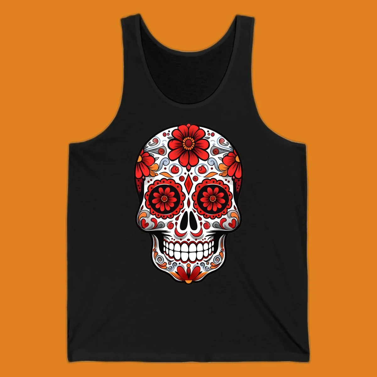 A vibrant floral sugar skull illustration, rich with red flowers, intricate swirls, and colorful accents on a white base.