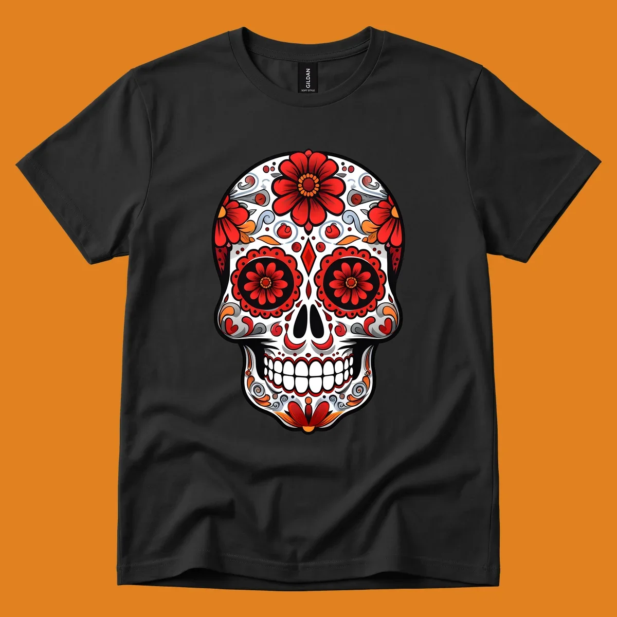 A vibrant floral sugar skull illustration, rich with red flowers, intricate swirls, and colorful accents on a white base.