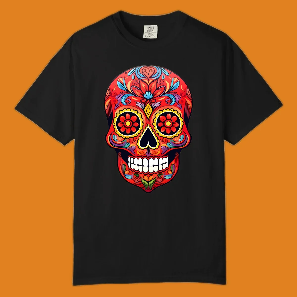 A vibrant calavera sugar skull illustration with red, blue, yellow, purple, and green floral patterns and white teeth.