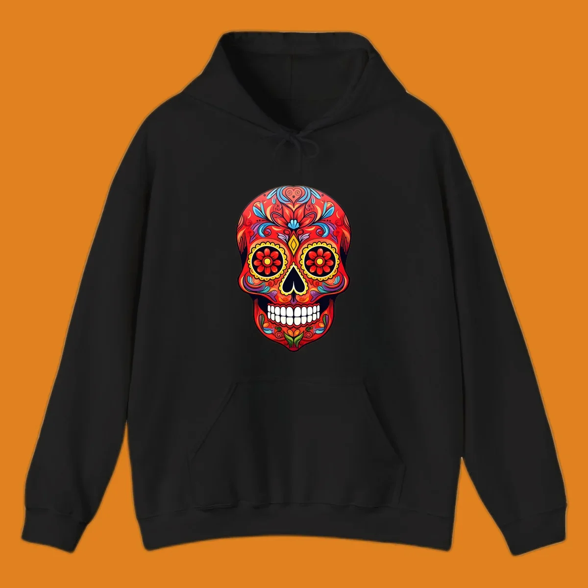 A vibrant calavera sugar skull illustration with red, blue, yellow, purple, and green floral patterns and white teeth.