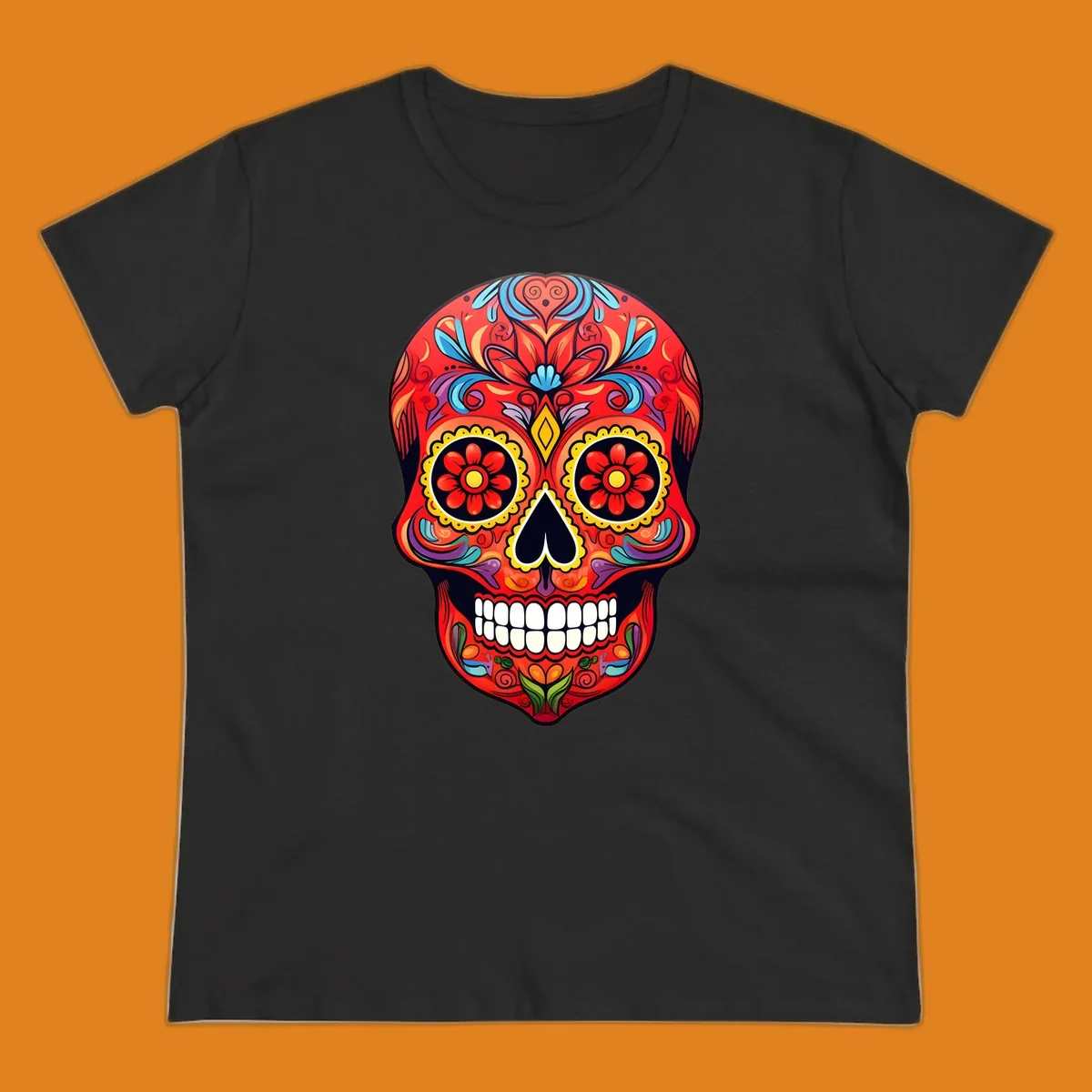 A vibrant calavera sugar skull illustration with red, blue, yellow, purple, and green floral patterns and white teeth.