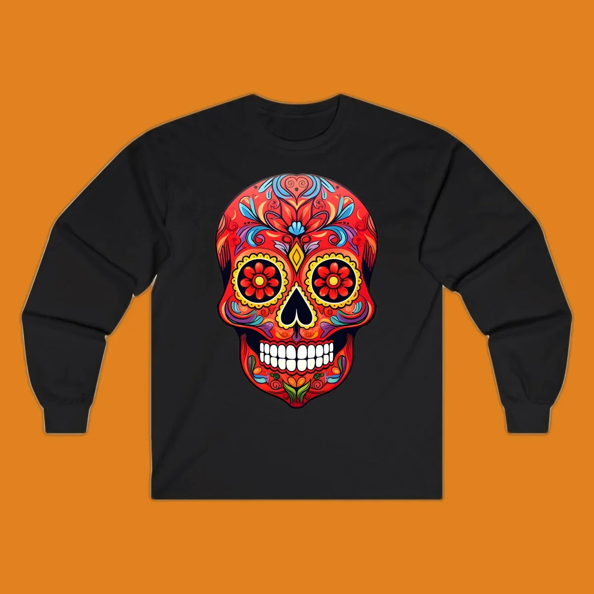 A vibrant calavera sugar skull illustration with red, blue, yellow, purple, and green floral patterns and white teeth.