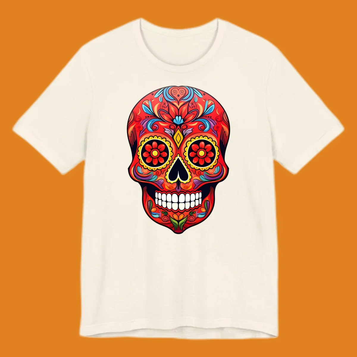 A vibrant calavera sugar skull illustration with red, blue, yellow, purple, and green floral patterns and white teeth.