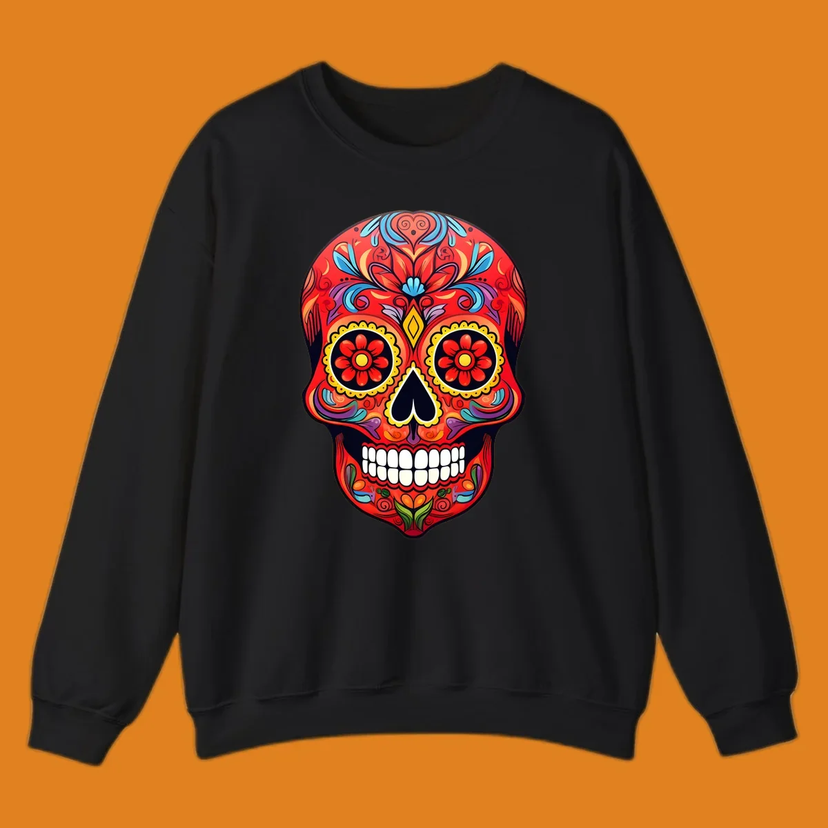 A vibrant calavera sugar skull illustration with red, blue, yellow, purple, and green floral patterns and white teeth.