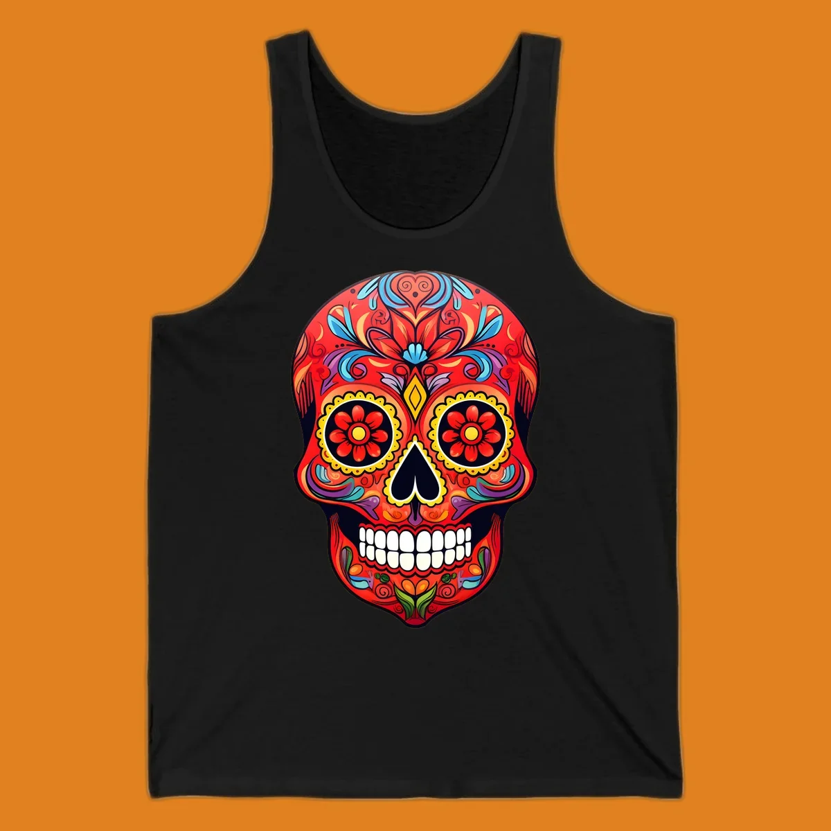 A vibrant calavera sugar skull illustration with red, blue, yellow, purple, and green floral patterns and white teeth.