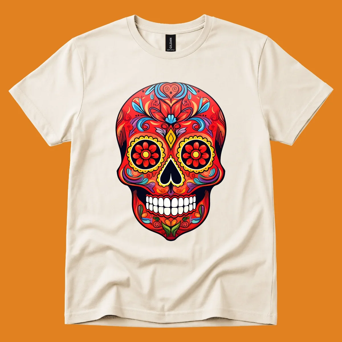 A vibrant calavera sugar skull illustration with red, blue, yellow, purple, and green floral patterns and white teeth.