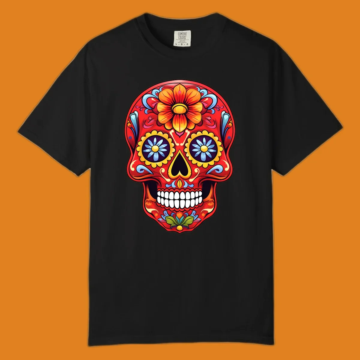 A vibrant, red colorful sugar skull illustration with large orange and yellow flowers on the forehead, blue flower eyes, and intricate swirls.