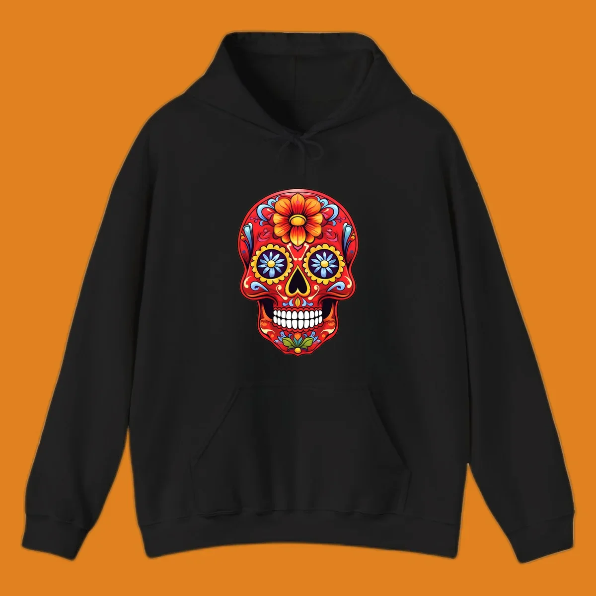 A vibrant, red colorful sugar skull illustration with large orange and yellow flowers on the forehead, blue flower eyes, and intricate swirls.