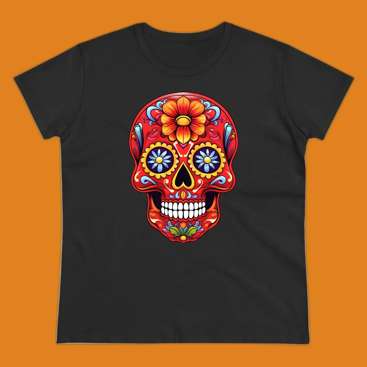 A vibrant, red colorful sugar skull illustration with large orange and yellow flowers on the forehead, blue flower eyes, and intricate swirls.