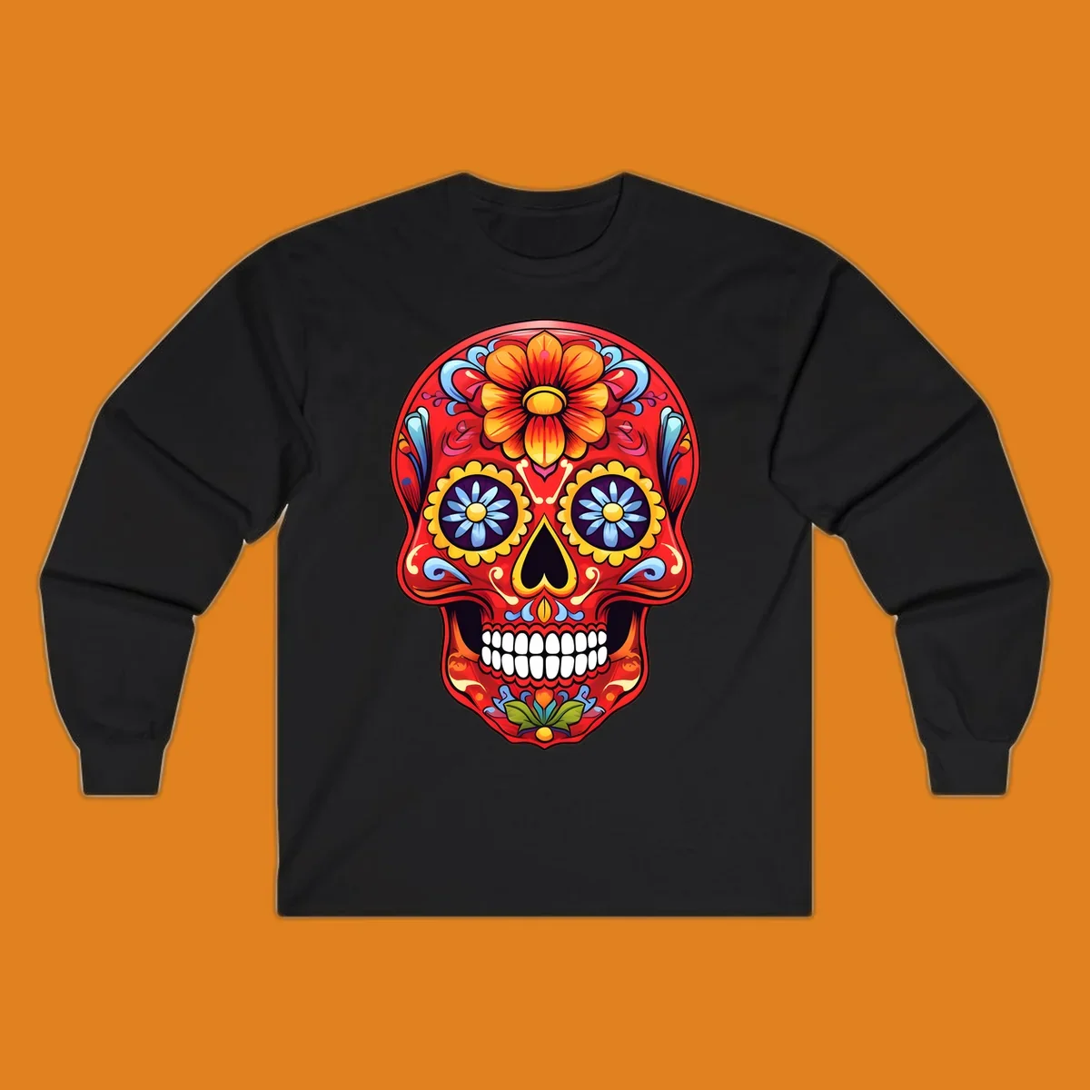 A vibrant, red colorful sugar skull illustration with large orange and yellow flowers on the forehead, blue flower eyes, and intricate swirls.