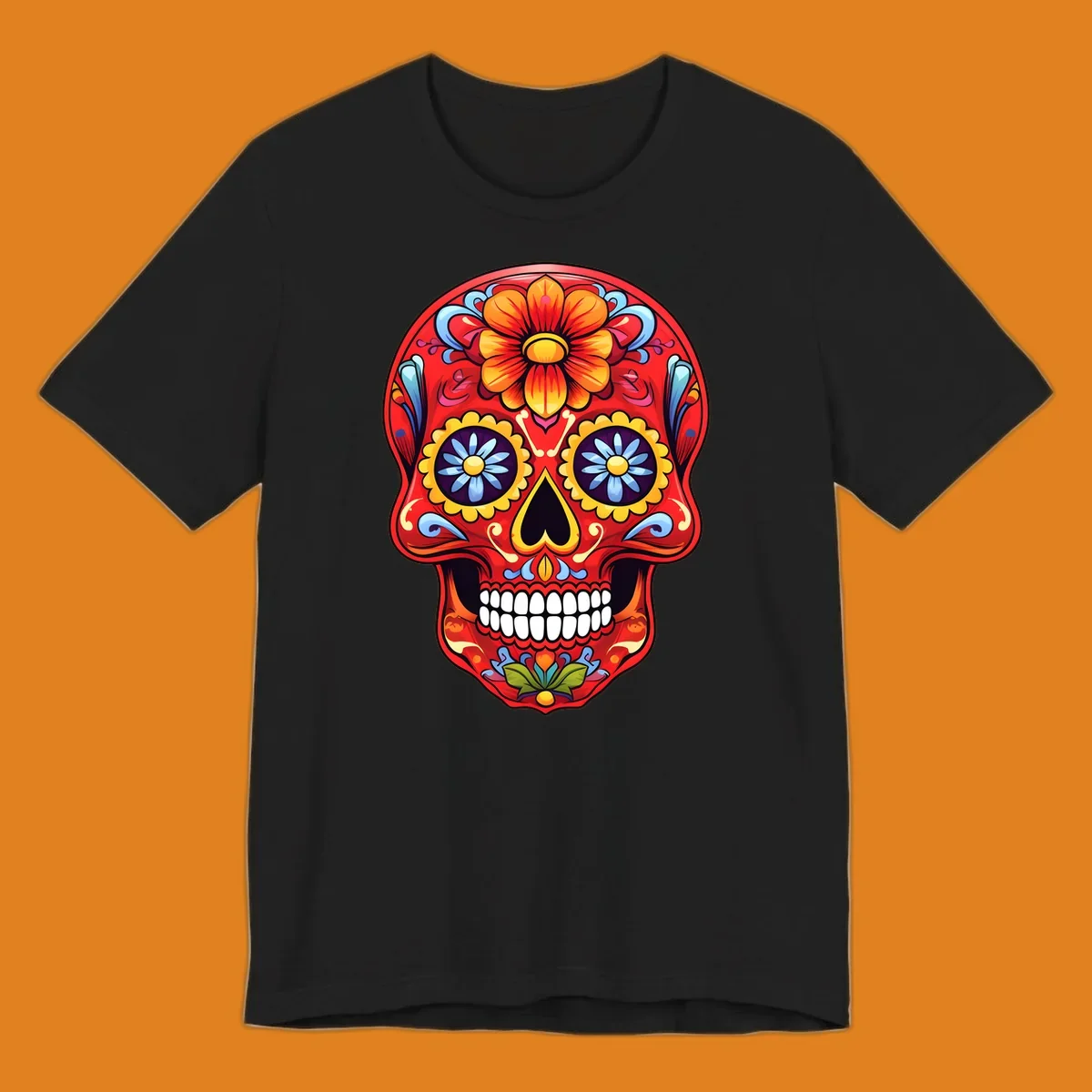 A vibrant, red colorful sugar skull illustration with large orange and yellow flowers on the forehead, blue flower eyes, and intricate swirls.