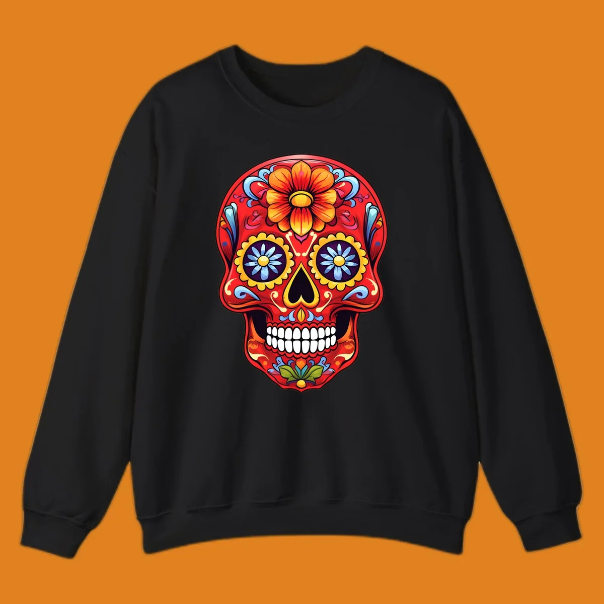 A vibrant, red colorful sugar skull illustration with large orange and yellow flowers on the forehead, blue flower eyes, and intricate swirls.