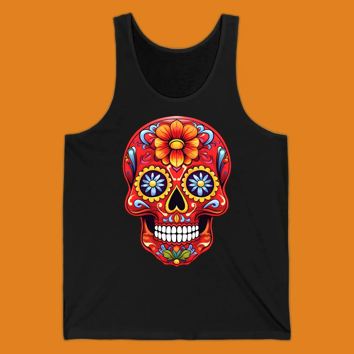 A vibrant, red colorful sugar skull illustration with large orange and yellow flowers on the forehead, blue flower eyes, and intricate swirls.