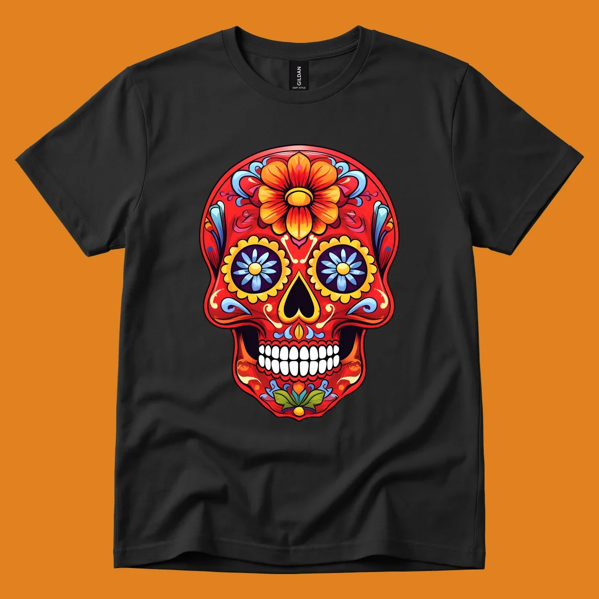 A vibrant, red colorful sugar skull illustration with large orange and yellow flowers on the forehead, blue flower eyes, and intricate swirls.