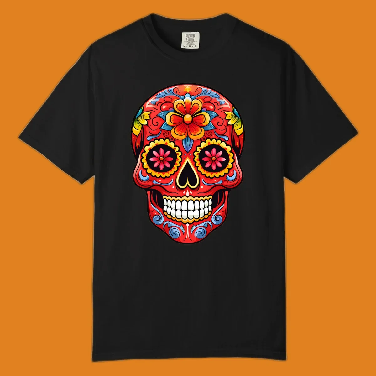 Vibrant floral sugar skull calavera illustration, richly decorated with red, yellow, blue flowers and ornate scrollwork.