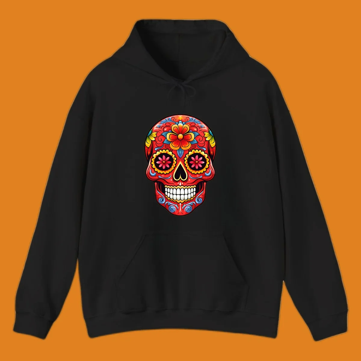 Vibrant floral sugar skull calavera illustration, richly decorated with red, yellow, blue flowers and ornate scrollwork.