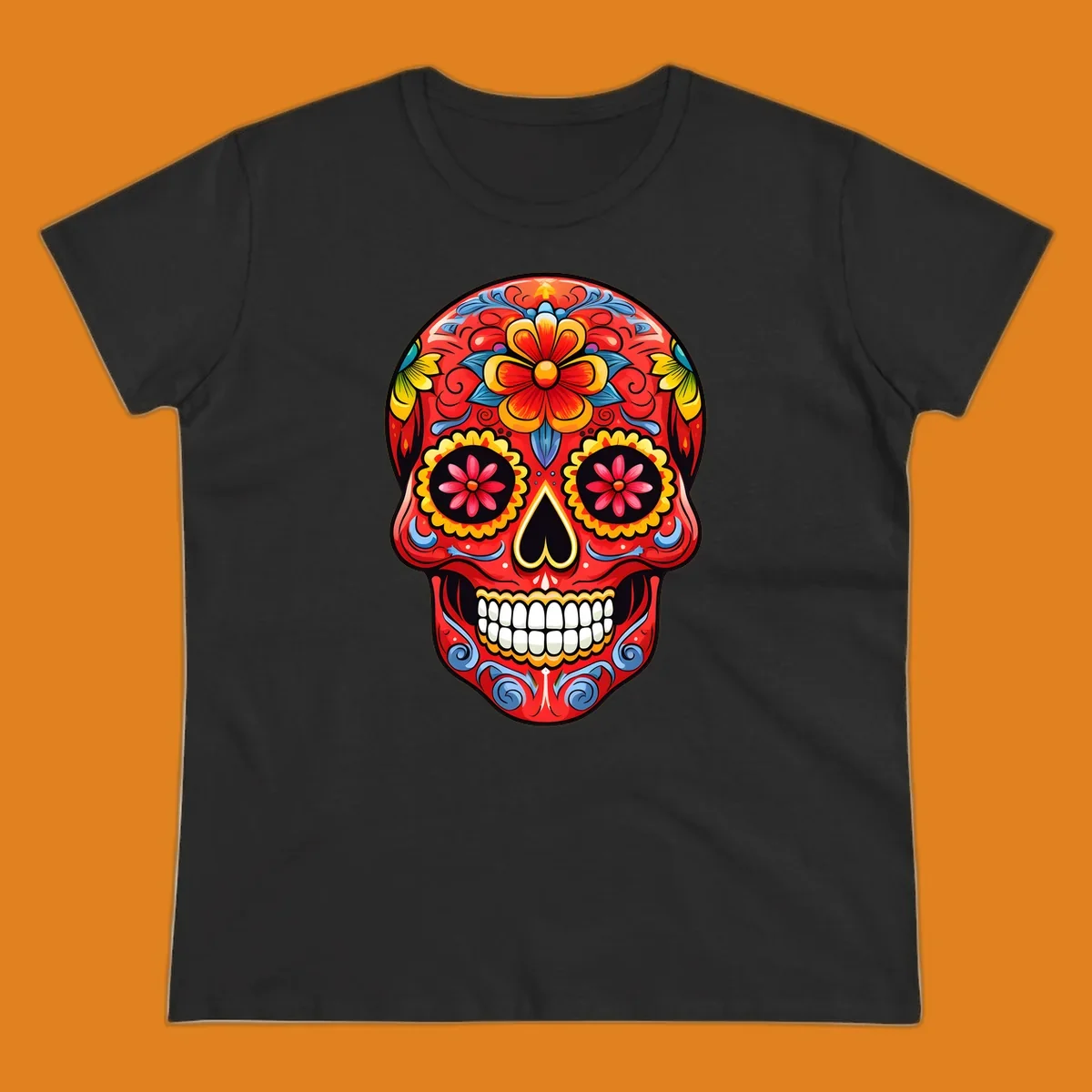 Vibrant floral sugar skull calavera illustration, richly decorated with red, yellow, blue flowers and ornate scrollwork.
