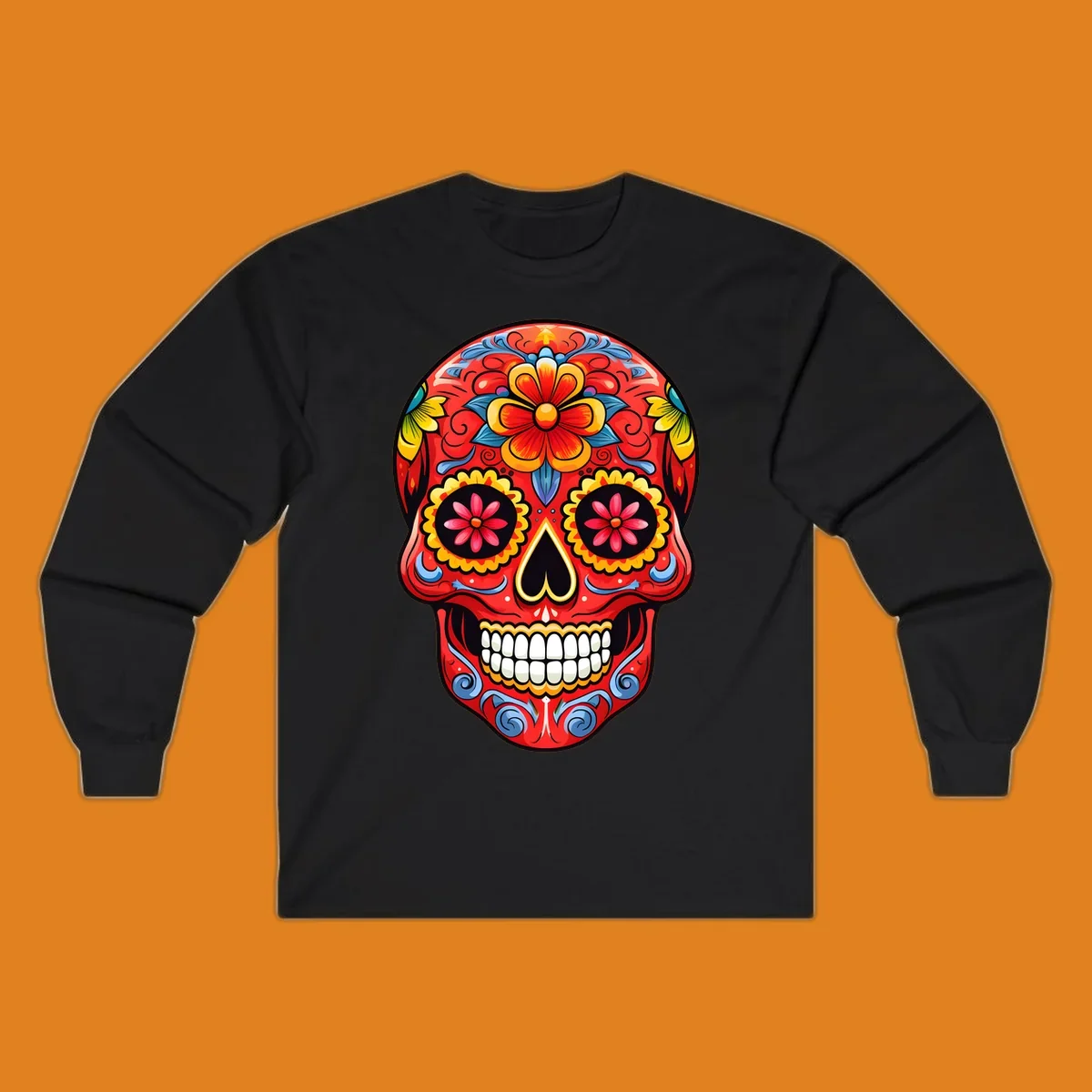 Vibrant floral sugar skull calavera illustration, richly decorated with red, yellow, blue flowers and ornate scrollwork.