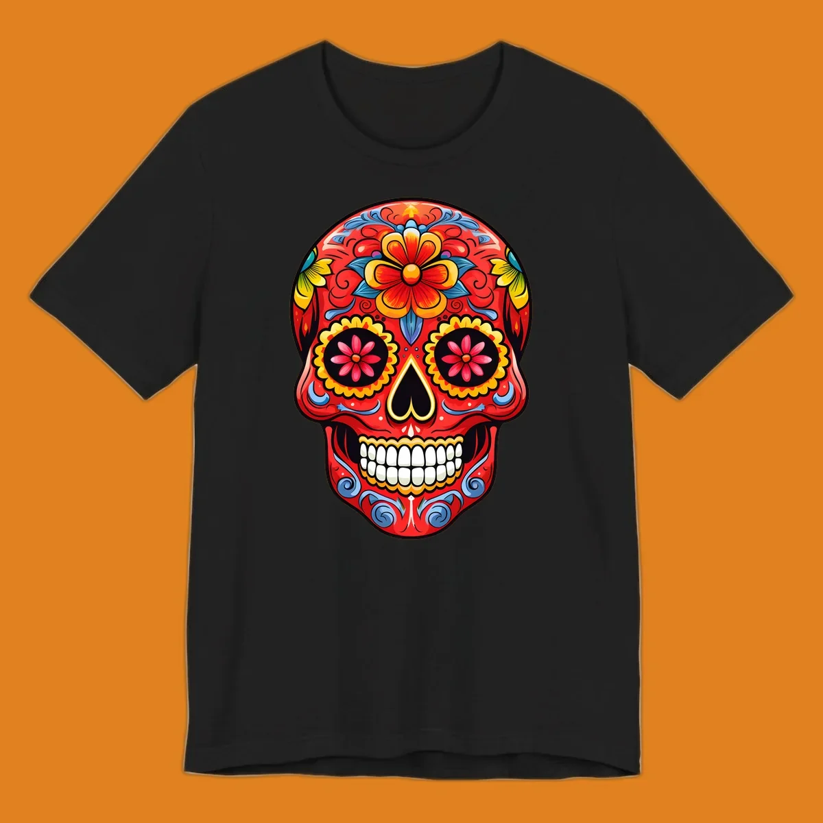 Vibrant floral sugar skull calavera illustration, richly decorated with red, yellow, blue flowers and ornate scrollwork.