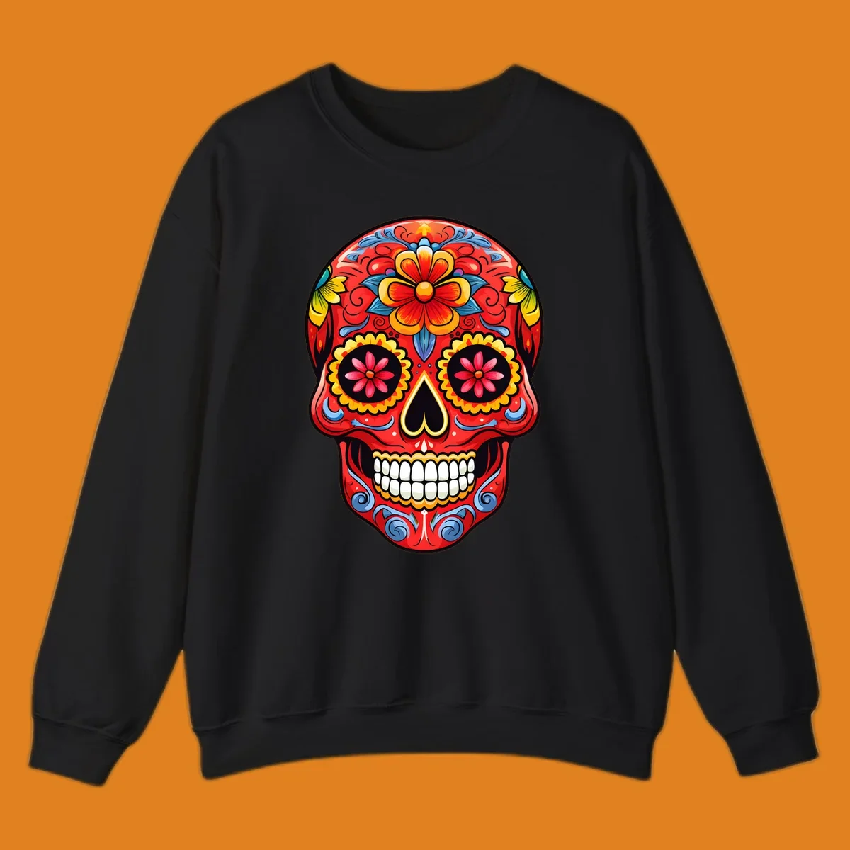 Vibrant floral sugar skull calavera illustration, richly decorated with red, yellow, blue flowers and ornate scrollwork.