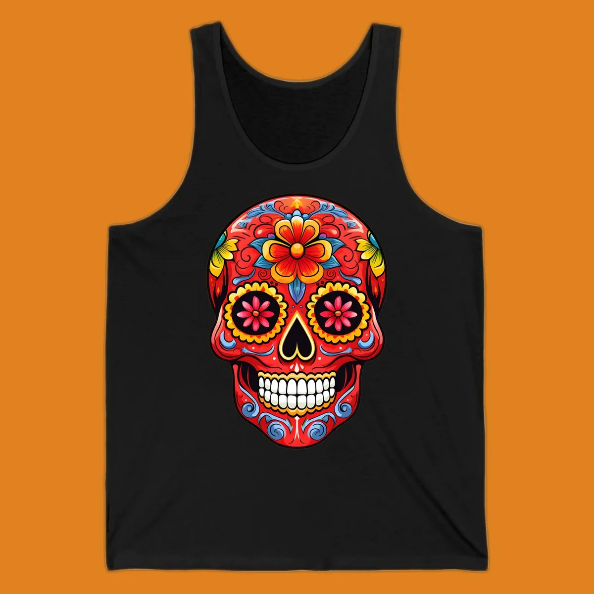 Vibrant floral sugar skull calavera illustration, richly decorated with red, yellow, blue flowers and ornate scrollwork.