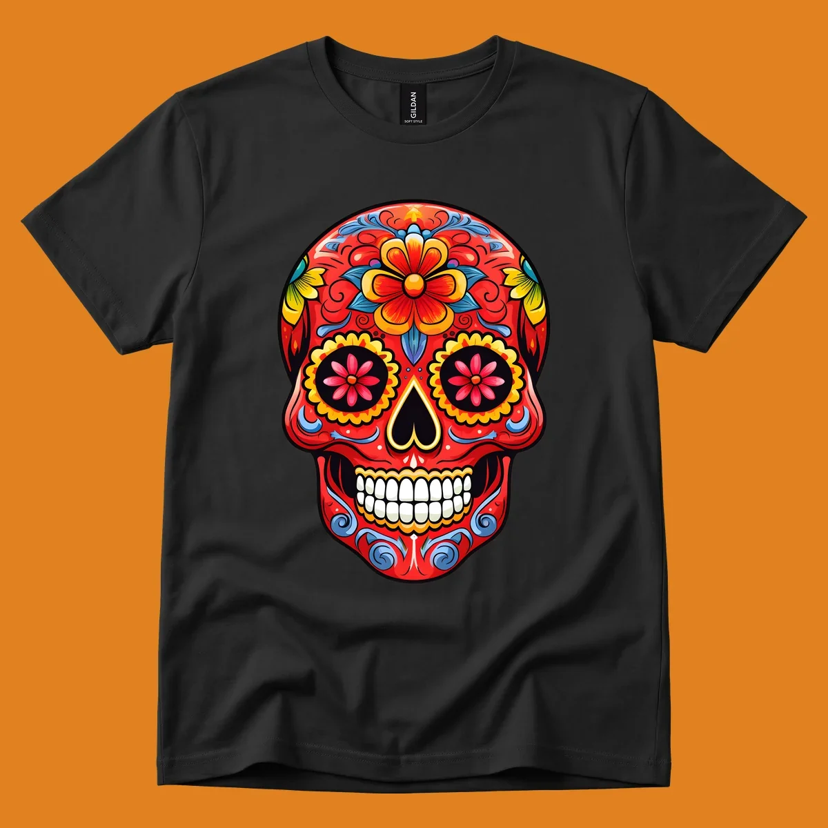 Vibrant floral sugar skull calavera illustration, richly decorated with red, yellow, blue flowers and ornate scrollwork.