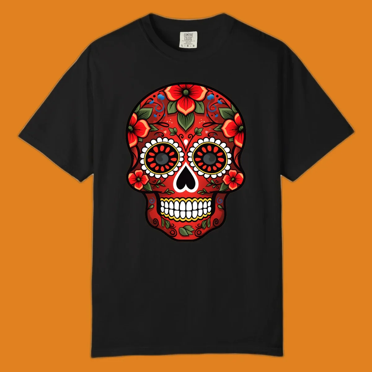 A vibrant floral calavera design, rich in red, green, yellow, and blue, adorned with flowers and swirls.
