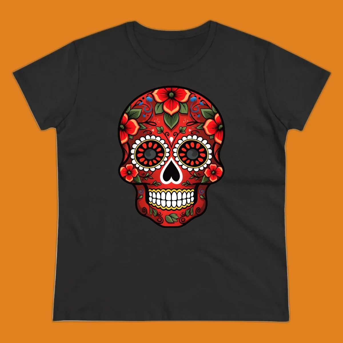 A vibrant floral calavera design, rich in red, green, yellow, and blue, adorned with flowers and swirls.