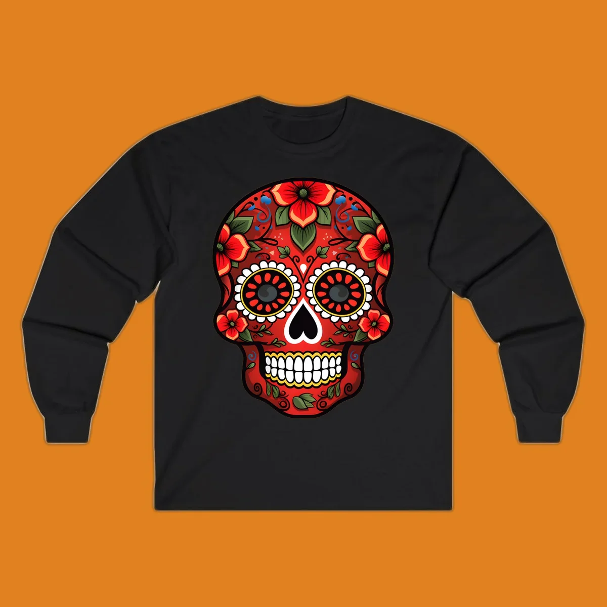 A vibrant floral calavera design, rich in red, green, yellow, and blue, adorned with flowers and swirls.