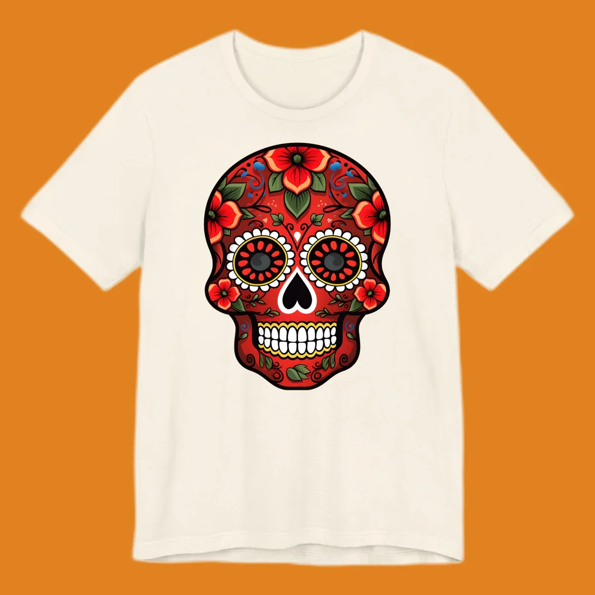 A vibrant floral calavera design, rich in red, green, yellow, and blue, adorned with flowers and swirls.