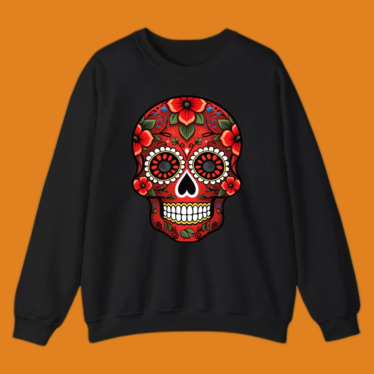 A vibrant floral calavera design, rich in red, green, yellow, and blue, adorned with flowers and swirls.