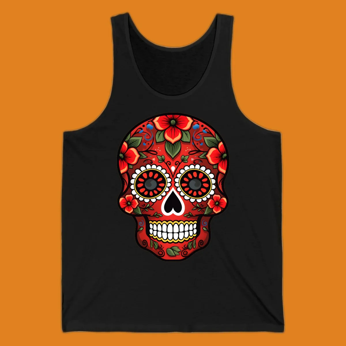 A vibrant floral calavera design, rich in red, green, yellow, and blue, adorned with flowers and swirls.