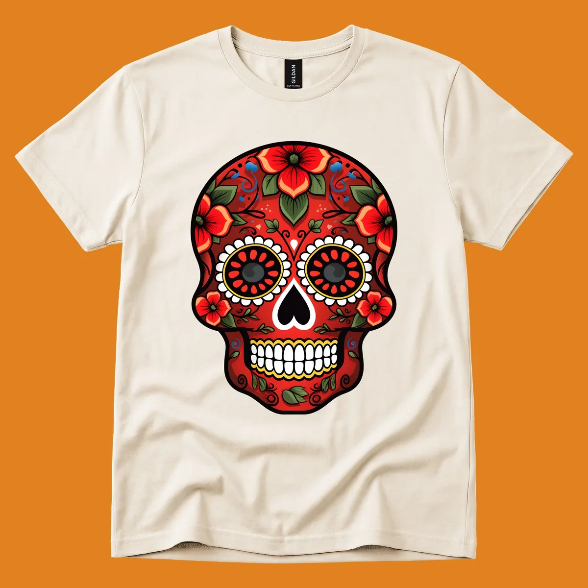 A vibrant floral calavera design, rich in red, green, yellow, and blue, adorned with flowers and swirls.