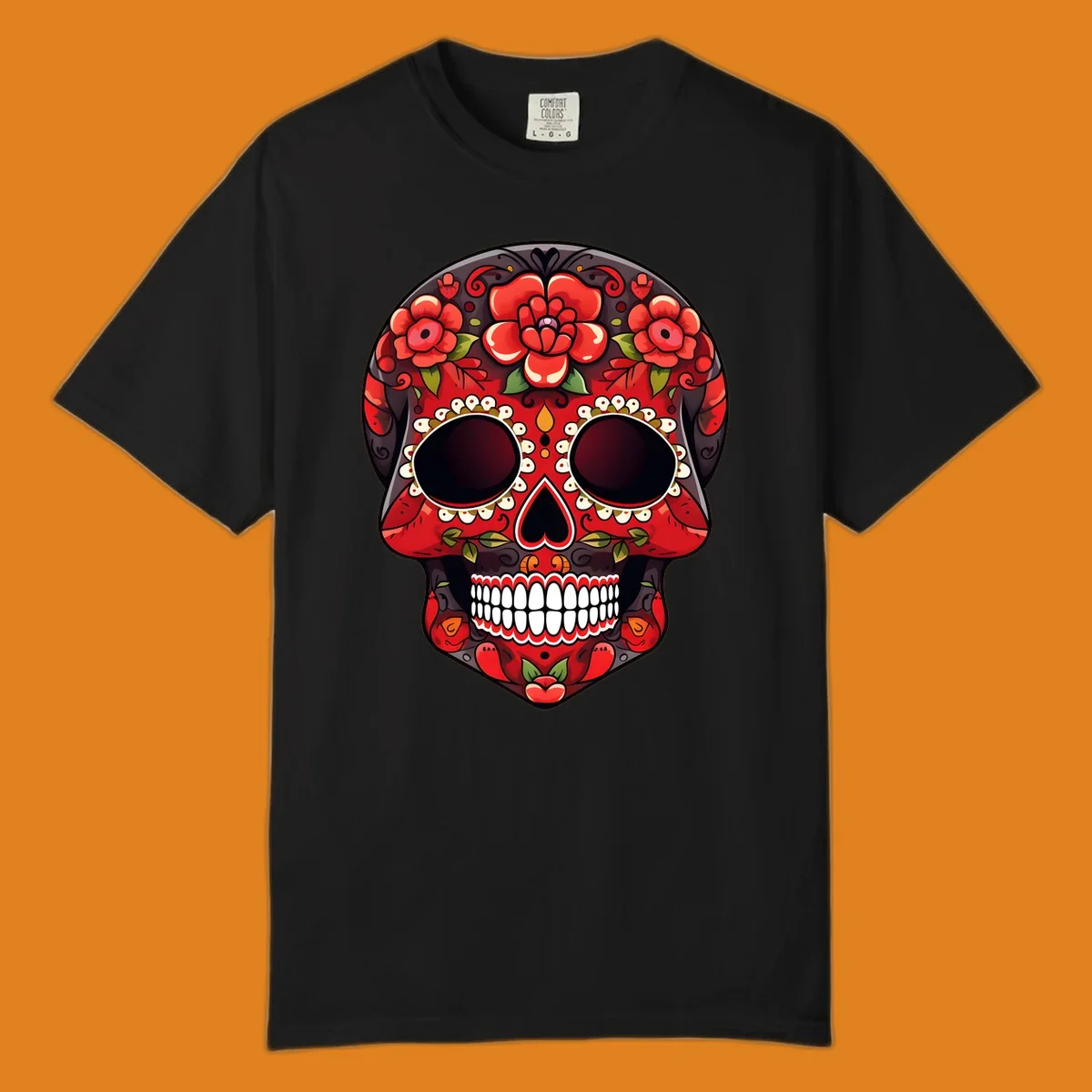 A detailed red floral sugar skull calavera illustration, adorned with bright red roses, green leaves, white teeth, and yellow accents.