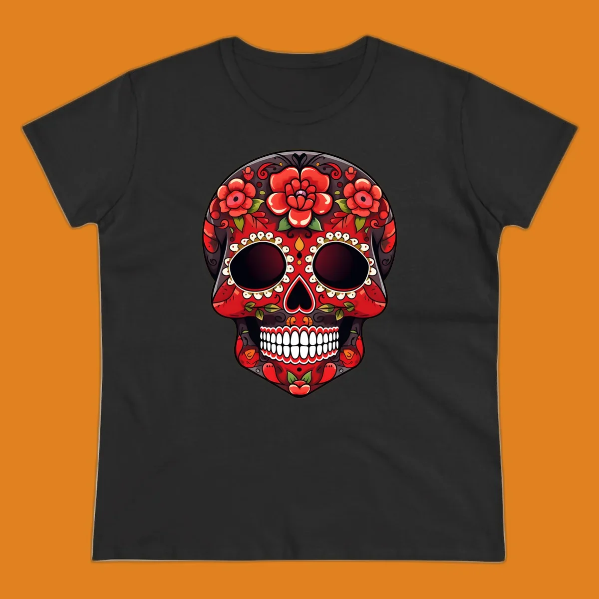 A detailed red floral sugar skull calavera illustration, adorned with bright red roses, green leaves, white teeth, and yellow accents.