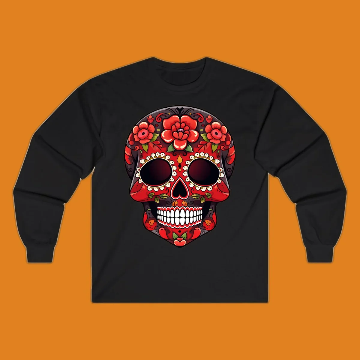 A detailed red floral sugar skull calavera illustration, adorned with bright red roses, green leaves, white teeth, and yellow accents.