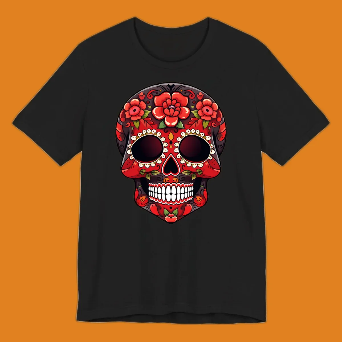 A detailed red floral sugar skull calavera illustration, adorned with bright red roses, green leaves, white teeth, and yellow accents.
