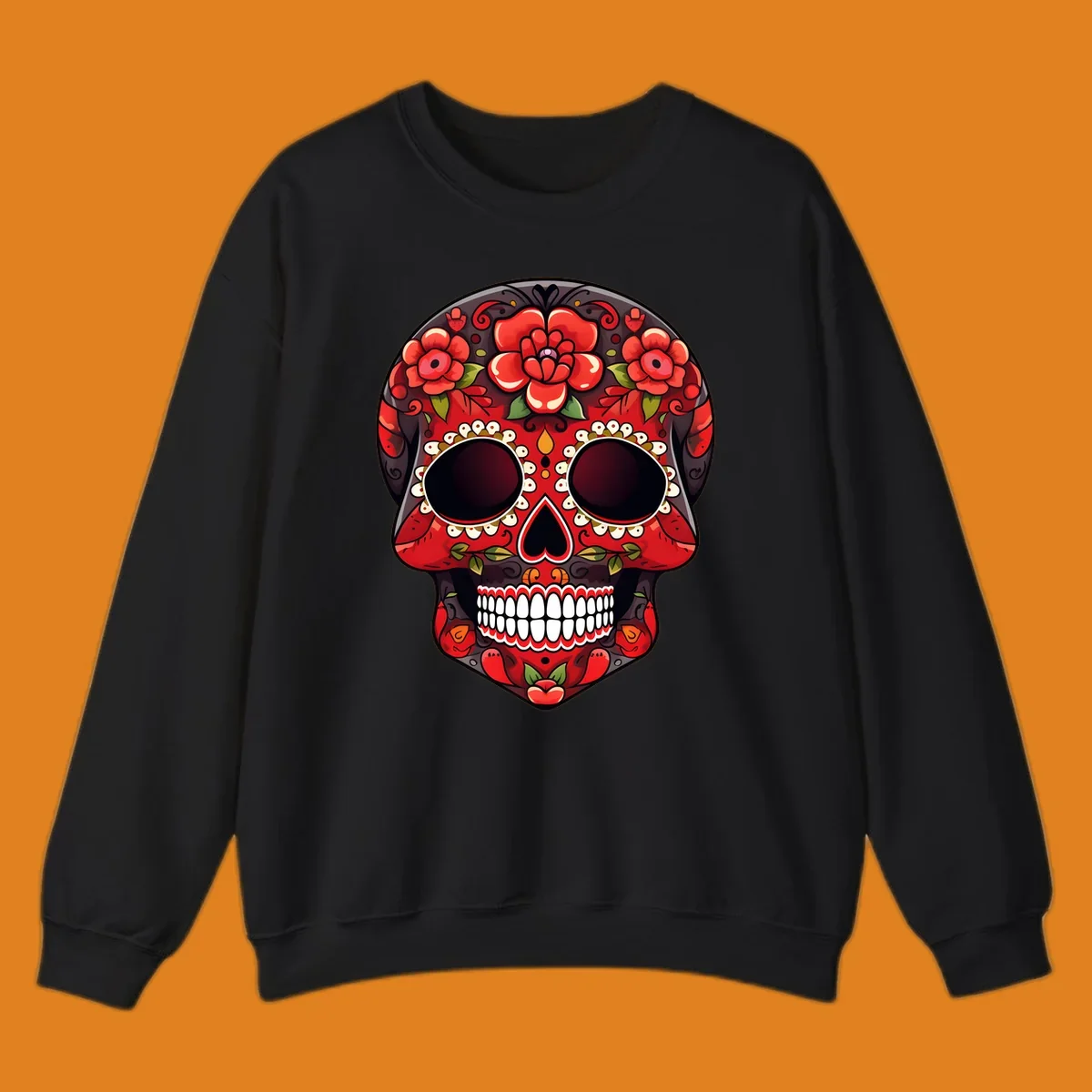 A detailed red floral sugar skull calavera illustration, adorned with bright red roses, green leaves, white teeth, and yellow accents.