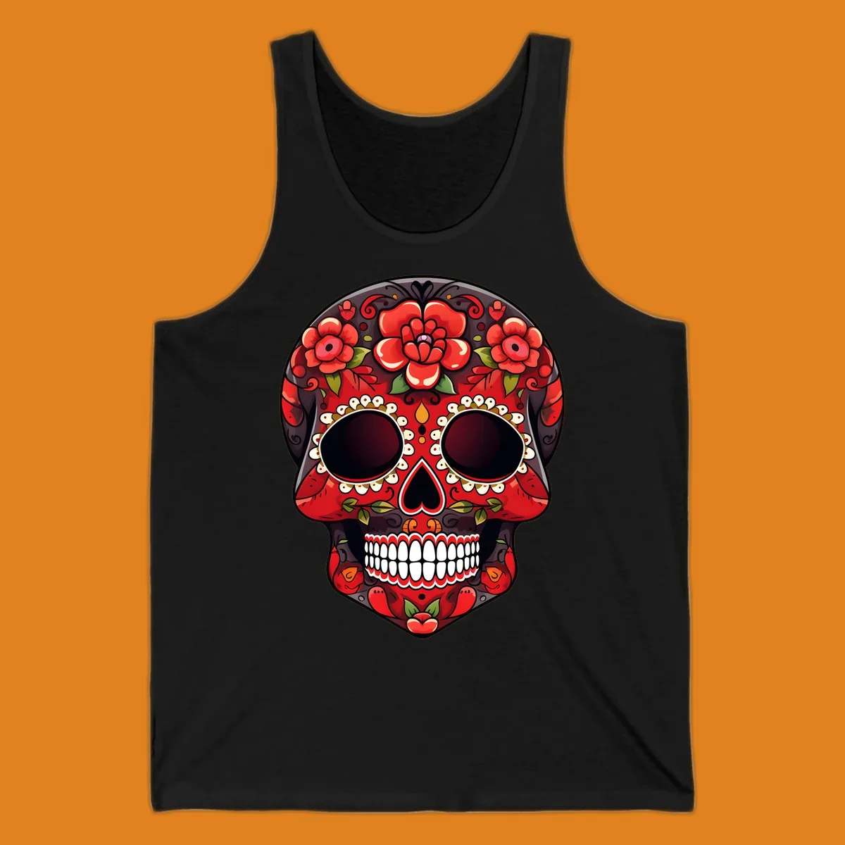 A detailed red floral sugar skull calavera illustration, adorned with bright red roses, green leaves, white teeth, and yellow accents.